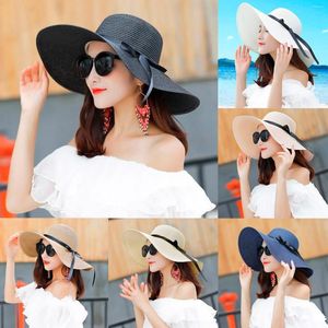 Chapeaux à large bord femmes grand chapeau de paille soleil disquette nœud papillon pliant plage casquette Bownot protection élégant en plein air