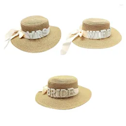 Sombreros de ala ancha Mujeres Gorra de sol nupcial Transpirable Verano Paja Sombrero de novia Perlas Carta Summerbeach Bonnet Poshoots Tocado