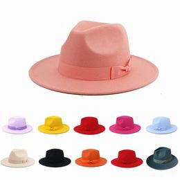 Brede rand hoeden vrouwen klassieke fedora hoed met boog mannen voelden panam panama jazz elegante trilby cap groothandel