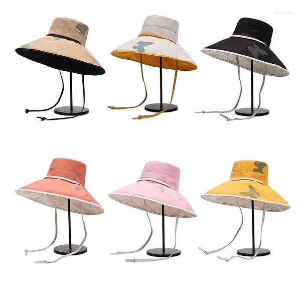 Sombreros de ala ancha para mujer, sombrilla grande de doble cara, estampado de mariposa, protector solar, sombrero para el sol, visera de playa informal al aire libre, cubo