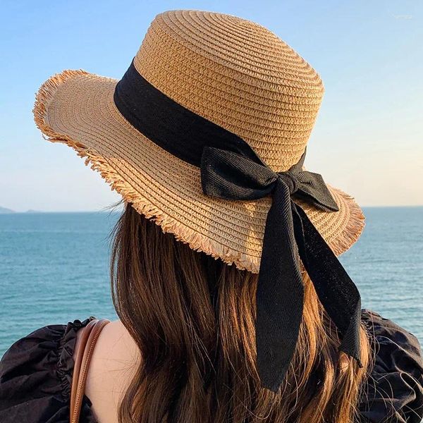 CHAPES DE ROGRANT LIGNE FEMMES FACHE CHAPE DE PAILLE AVEC Ruban Bow Summer Anti-UV Visors de Sunshade Seaside Vacation CAP CAP PLAT TOP Streater Bow