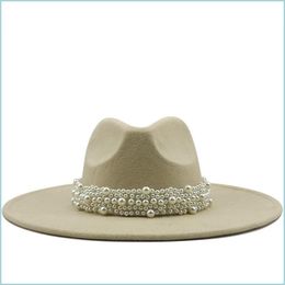 Chapeaux larges femmes Fedora chapeau avec perles femme formel haut feutre chapeaux dames grand Fedoras Bk femme grand large bord Jazz Panama casquette C Dhueb