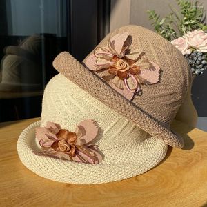 Brede rand hoeden vrouwen visser hoed bloemen decor platte top korte vaste kleur ademende decoratieve anti-uv opvouwbare gebreide zomer zonnedop
