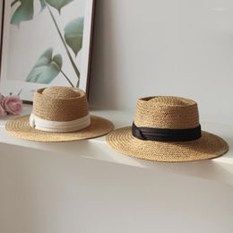 Brede rand hoeden vrouwen plat jazz cap stro weven zomer panama hoed Engeland dames stroming zonbescherming fedoras femme sombrerowide