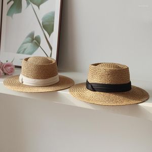 Large bord chapeaux femmes plat jazz casquette paille-tissage été Panama chapeau angleterre dames paille protection solaire Fedoras Femme SombreroWide