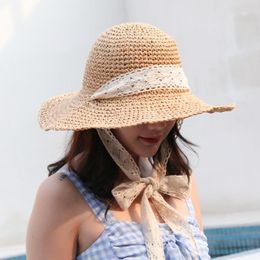 Chapéus de aba larga femininos dobráveis malha de crochê laço de renda chapéu grande proteção solar chapéu de sol ao ar livre streetwear verão praia boné presente