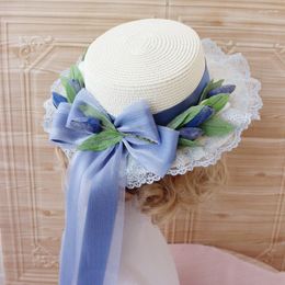 Chapeaux à large bord femmes fille Lolita fait à la main chapeau de soleil en paille tulipe dentelle Patchwork ruban bandage nœud papillon élégant thé fête plage plat doux