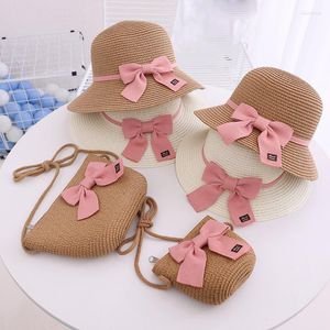 Sombreros de ala ancha Mujeres Niñas Sombrero Verano Protección solar Cubo Paja Floppy Pajarita para niña Bebé Mamá Padre-hijo Gorra Crossbody Bolsa al por mayor