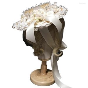 Chapeaux à large bord femmes filles Lolita élégant Tea Party chapeau plat multicouche dentelle Bonnet fleur artificielle ruban arc paille plage soleil Elob22