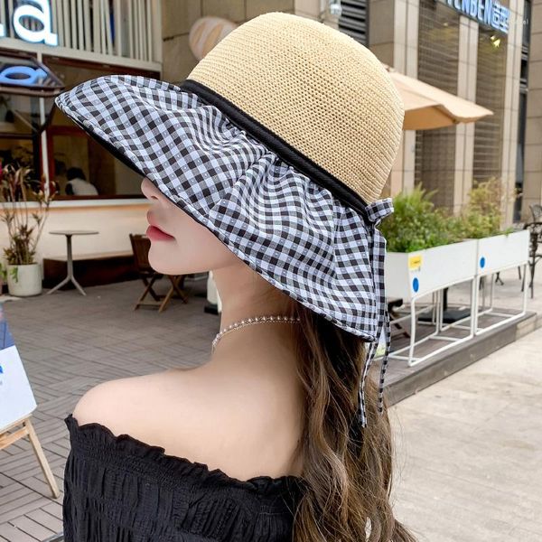 Sombreros de ala ancha para mujer, sombrero de pescador tejido a mano, sombrero de paja para mujer 2023, playa, vacaciones informales, protector solar de verano, tablero de ajedrez, sol