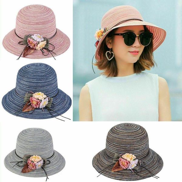 Sombreros de ala ancha para mujer, sombrero de paja de verano, flexible, plegable, ajustable, para la playa, gorra para el sol, flor para el sol