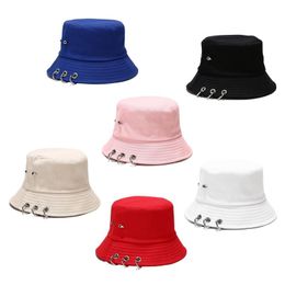 Brede rand hoeden vrouwen mannen harajuku hiphop massieve kleur emmer hoed met puntige klinknagels 3 metalen ringen buiten zonnebrandcrème visser cap str.