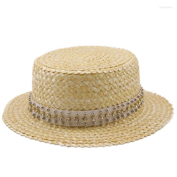 Sombreros de ala ancha para mujer, sombrero de paja de trigo Natural, lazo de 7cm, gorra para el sol de playa para navegantes, protección de verano para mujer