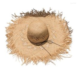 Brede rand hoeden vrouwen raffia rietje voor zon hoed grote floppy franje holle zonnebrandcrème bucket ca drop