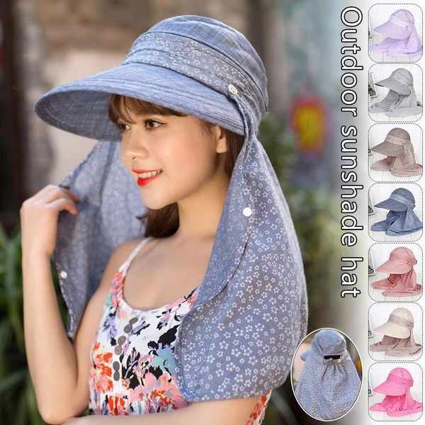 Sombreros de ala ancha Sombrero de sombrilla grande para mujer Verano Senderismo al aire libre Protector solar Protector facial floral Cuello Mantón Gorra con visera extraíble