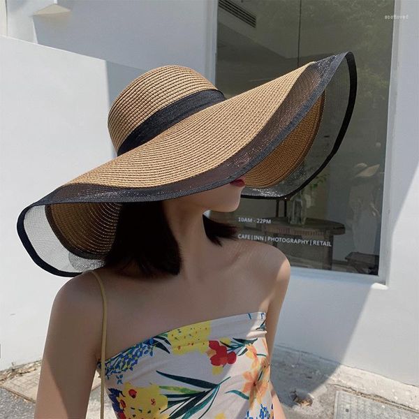 Chapeaux à large bord femmes chapeau seau coréen été casquette couleur unie paille tissé plage maille côté ombre mode extérieur Scot22