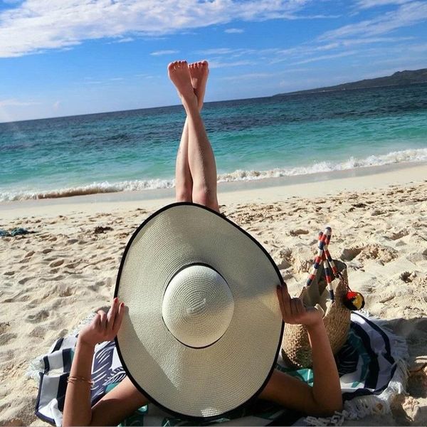 Sombreros de ala ancha Sombrero de mujer Verano 18 cm Paja Sol grande Protección UV Panamá Floppy Beach Ladies Bow Chapeau Femmel