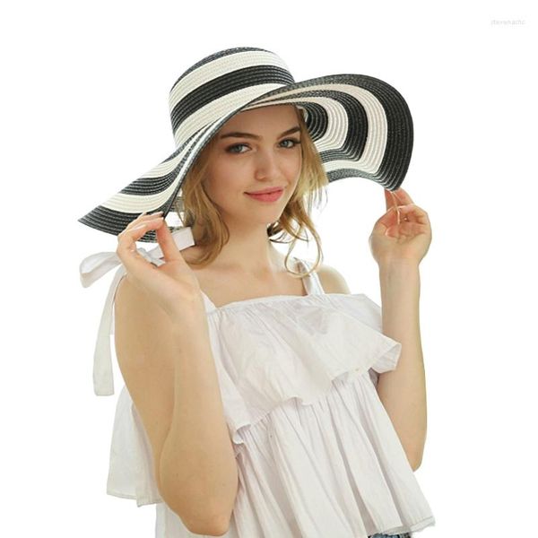Chapeaux à large bord pour femmes, grand chapeau de soleil en paille, à rayures, à rayures, en forme de dôme, pour l'extérieur, élégant, décontracté, seau de plage