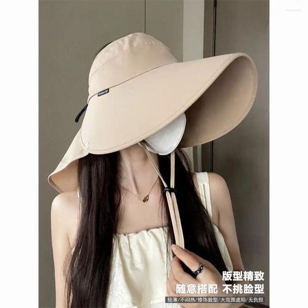 Chapeaux à large bord pour femmes, grand avec corde coupe-vent, chapeau de protection contre les UV, casquette vide, visage et cou en plein air