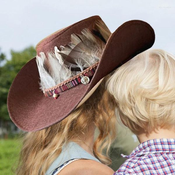 Chapeaux à large bord pour femmes et hommes, pare-soleil de Cowboy, chapeau de paille Vintage, bord bouclé, style ethnique, plumes de grande taille, Western