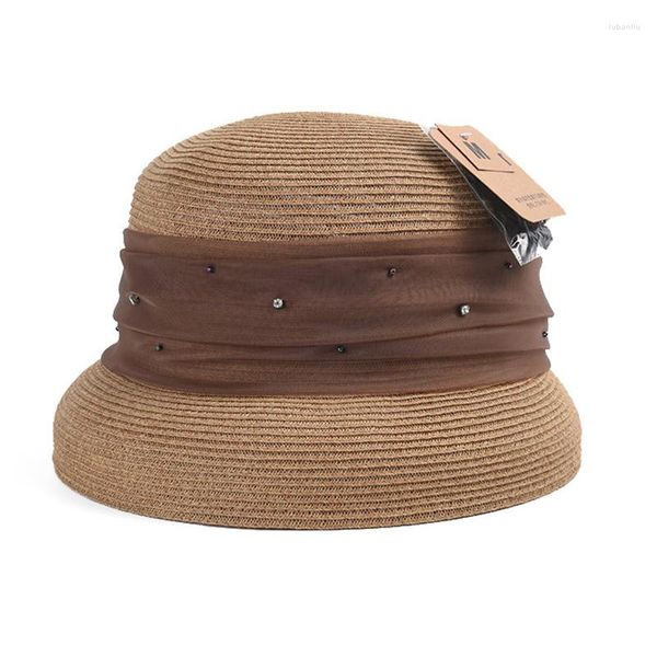 Sombreros de ala ancha, sombrero de verano para mujer, banda de malla de cristal, campana para la playa, cúpula de sol, sombreros de paja, fiesta corta para mujer