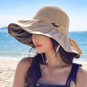 Brede rand hoeden dames zomer hoed mode brief borduurwerk design straw zon vrouwelijk reizen strand emmer hatwide