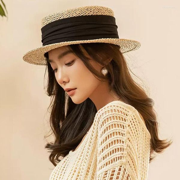 Sombreros de ala ancha para mujer, sombrero de paja de verano, parte superior plana, banda de cinta de hierba marina, navegante, ligero, sol de Panamá