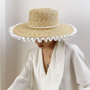 Sombreros de ala ancha de verano para mujer con encaje blanco, sombrero de paja recortado, banda de perlas, navegante, sol para mujer, playa al aire libre