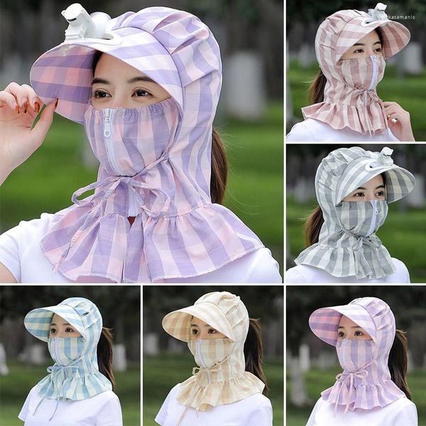 Sombreros de ala ancha para mujer, sombrero para el sol a prueba de viento con ventilador, cubierta facial a cuadros de verano, protección UV para exteriores, jardín, trabajo, pesca, bufanda para el cuello