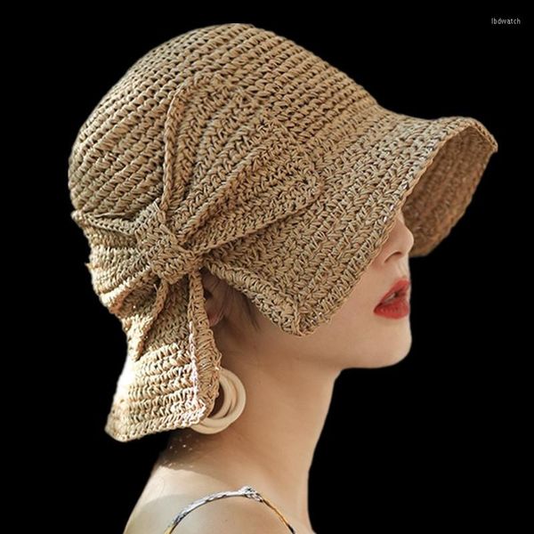 Chapeaux à large bord femmes chapeau de paille 2023 été tricot tissage casquette plage Style doux soleil coréen échantillon élégant avec arc