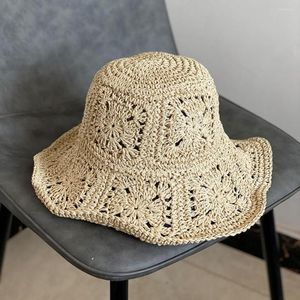 Sombreros de ala ancha, sombrero de paja para mujer, Color sólido, ganchillo, verano, plegable, para viajes, protección UV, hueco, transpirable, para la playa y el sol