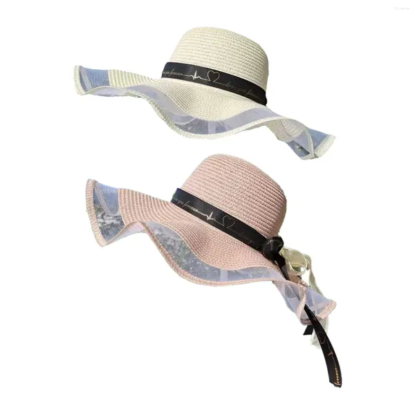 Sombreros de ala ancha Mujeres Sombrero de paja Sombrero ligero Macrame Edge Ladies Beach para Festival Vacaciones Viajes al aire libre Viajes