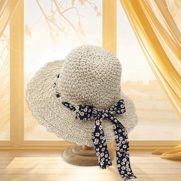 Hombras de borde anchos Mujeres Summer Summer Sombrero plegable Sol plegable Crochet Crochet Protección uv Bownot