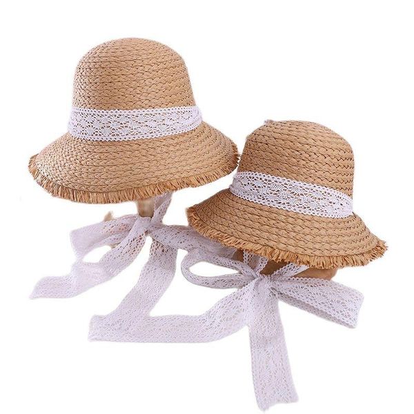 Chapeaux à large bord femmes été grand chapeau de disquette paille de blé avec ruban blanc noir dentelle cravate parent-enfant soleil protection UV