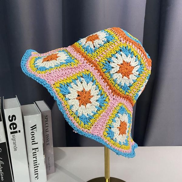 Sombreros de ala ancha para mujer, sombrero de pescador tejido a mano con flores de verano, sombrero de paja transpirable de pescador para playa de ganchillo de Japón y Corea