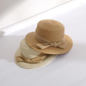 Chapeaux à large bord femmes été chapeau de soleil à la main mode fille plage panama casquette de paille gros ruban ruban tempérament plat haut vacances