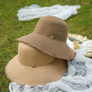 Chapeaux à large bord femmes été Simple chapeau de soleil chameau petit avant-toit plage paille Nature dentelle ligne casquette tempérament plat pliable extérieur