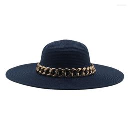 Chapeaux à large bord femmes été dôme solide grand 11 cm chaîne bande soleil paille blanc noir seau Panama plage Protection hommes casquettes Elob22