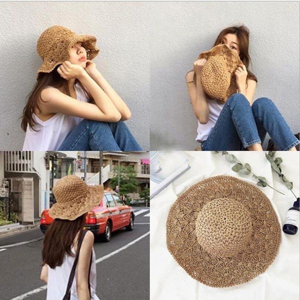 Chapeaux à large bord femmes été paille filles chapeau fait à la main Crochet creux chapeau de soleil peut être plié BeachWide Chur22