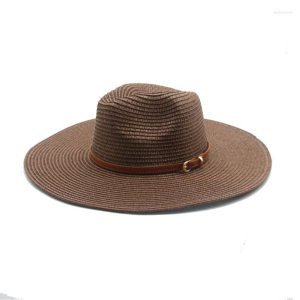 Breite Krempe Hüte Frauen Sommer Stroh Papier Solide Große 11 cm Gürtel Band Sonnenschutz Khaki Kaffee Schwarz Männer Eimer delm22