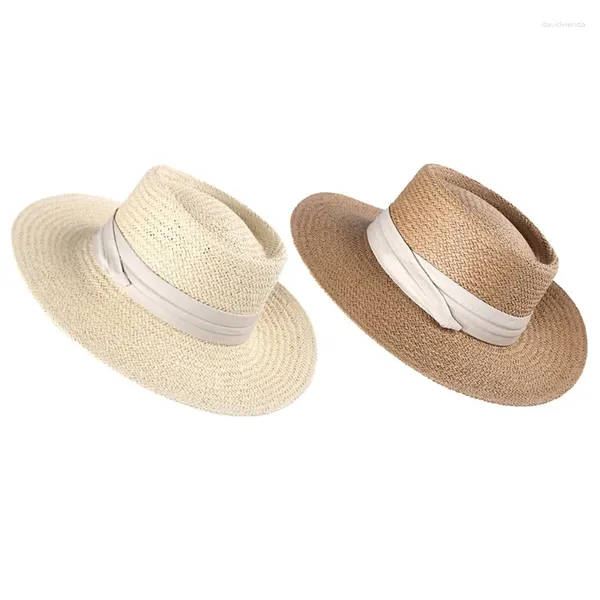 Sombreros de ala ancha para mujer, sombrero de paja tejido con bandas para el sol, vacaciones, protector solar plano, informal, ajustable, para exteriores, playa