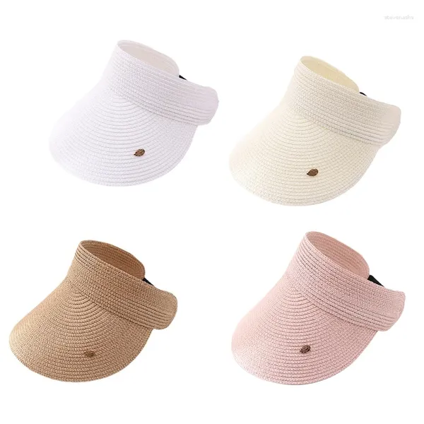 Sombreros de ala ancha Mujeres Verano Tejido Paja Tapa vacía para el sombrero de sol Viseras Decoración de hojas Color sólido Protección UV Roll-Up Beach