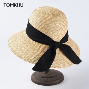 Brede Rand Hoeden Vrouwen Zon Vrouwelijke Natuurlijke Tarwe Stro Zomer Cap Strand Hoed Zwart Lint Lace-up Chapeu Feminino