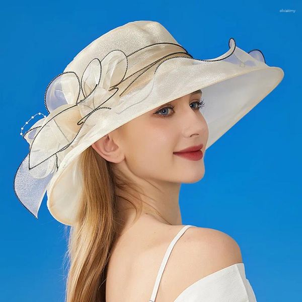 Sombreros de ala ancha Mujeres Sol para Europa América Lady Big Flower Bucket Británico Elegante Fedoras Protección grande