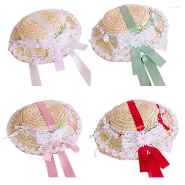 Sombreros de ala ancha para mujer, sombrero de fiesta de té, cinta de encaje, pequeño accesorio de paja para adultos y niños