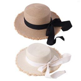 Chapeaux à bord large femmes Visor Paille chapeau avec ruban d'arc Raw Edge Decoration Style Summer Summer Accessoire