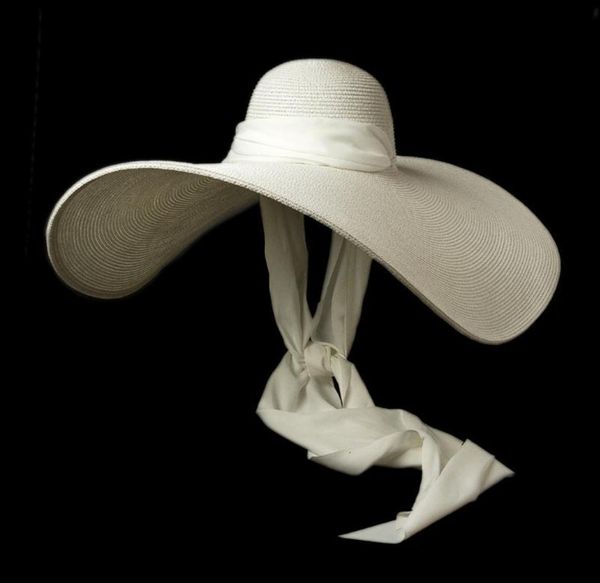 Chapeaux à large bord femmes blanc 25 cm surdimensionné soleil doux ruban de soie cravate disquette géant plage paille été Kuntucky Derby casquette TSPG286x7224929