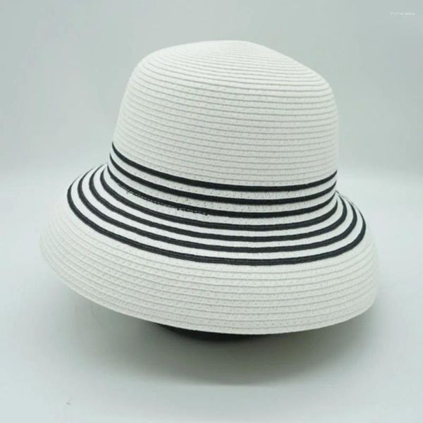 Chapeaux à large bord femmes chapeau d'été blanc disquette noir rayé paille soleil protection UV casquette de plage