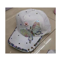 Sombreros de ala ancha para mujer Otoño Gorra de béisbol FL Mujeres Crystal Colorf Big Butterfly Hat Algodón Brillante Metal Snapback Caps Hip Hop 3443 Dr Dhwtf