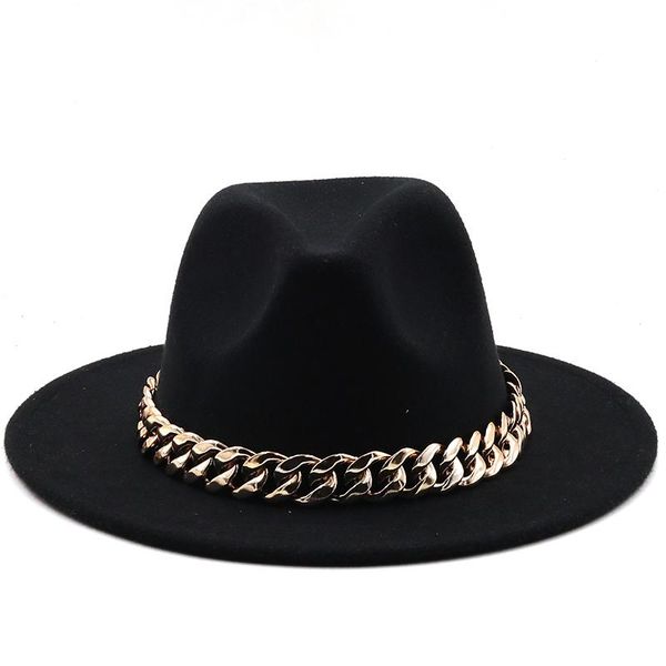 Sombreros de ala ancha para mujer, sombrero grueso con cadena dorada, clásico, negro, Beige, de fieltro, Panamá, vaquero, Jazz, para hombre, sombrero de lujo para mujer